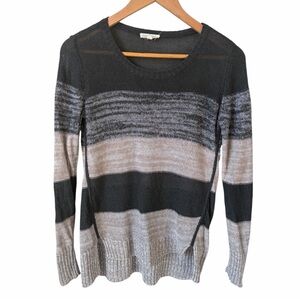 Eileen Fisher Linen Scoop Neck Fine Knit Sweater Grey Stripe Women's XS